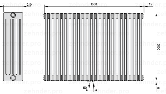 Схема (чертеж) Радиатор Zehnder Charleston 6300/23 №5410 Белый глянцевый RAL 9016